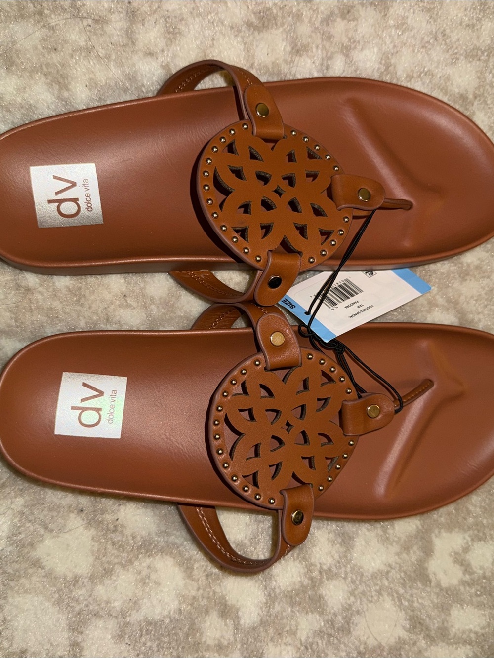 DV by Dolce Vita Cognac Brown Laser-Cut Medallion Slide Sandals
